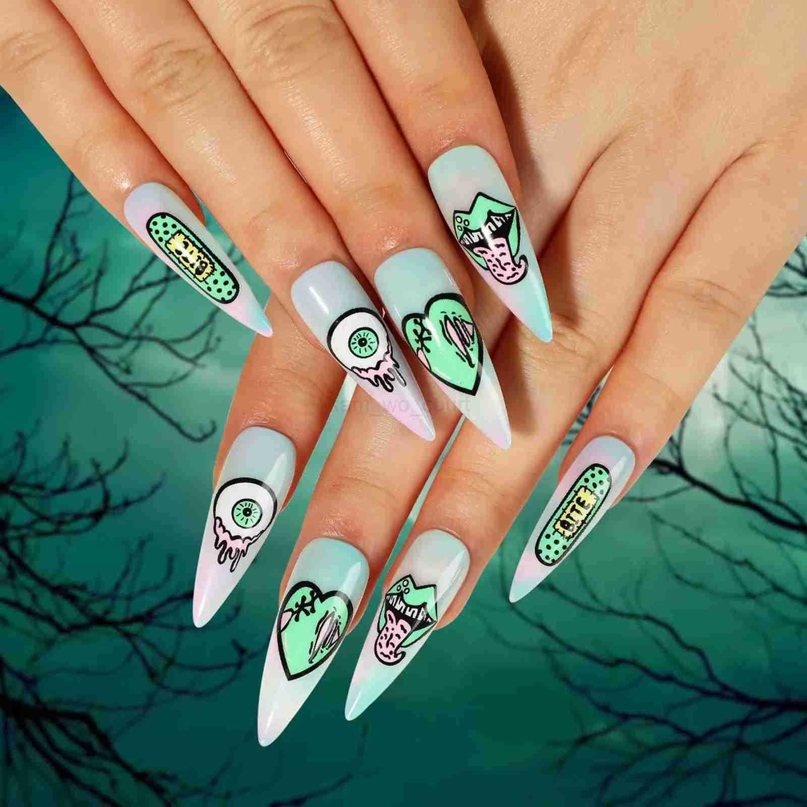 24pcs Long Pointed False Nails European Halloween Fake Nail Patch Full Cover Wearable Ghost Pattern Design Press-on Nails M250807