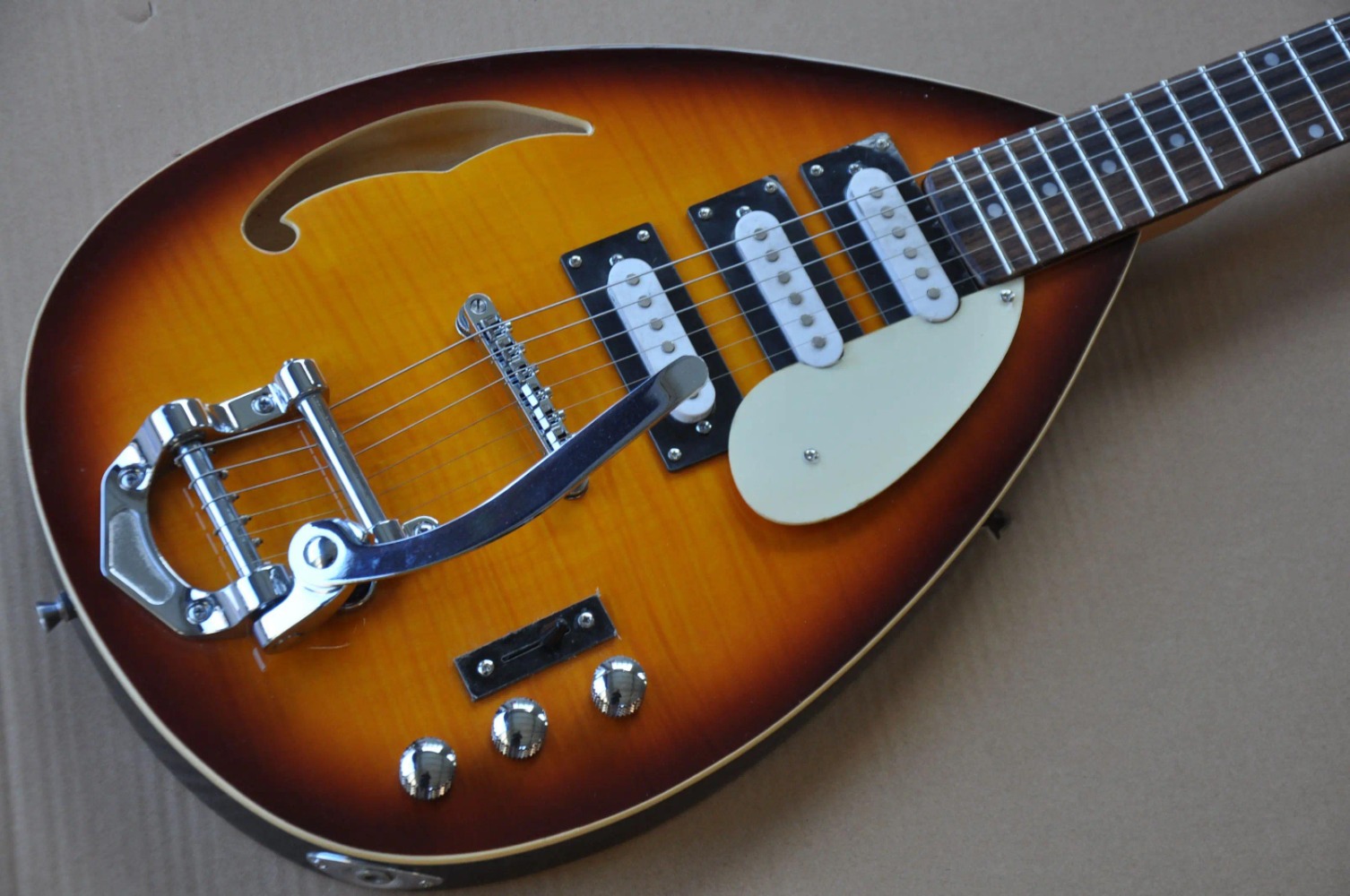 Custom Hutchins Brian Jones 1960s PGW Teardrop Electric Guitar, Flame Maple Top, Sunburst, Bigsb Tailpiece, 3 Pickups