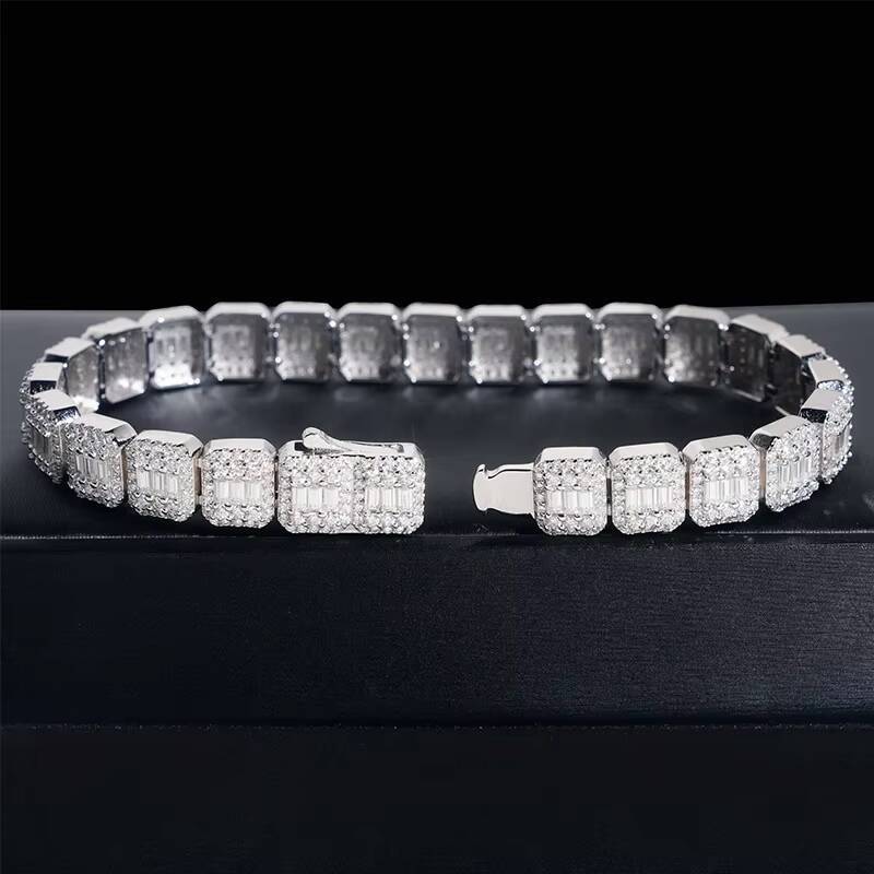 Hip Hop Jewelry 9mm White Gold 925 Silver Cluster VVS Baguette Moissanite Diamond Ice Out Tennis Bracelet for Men Women
