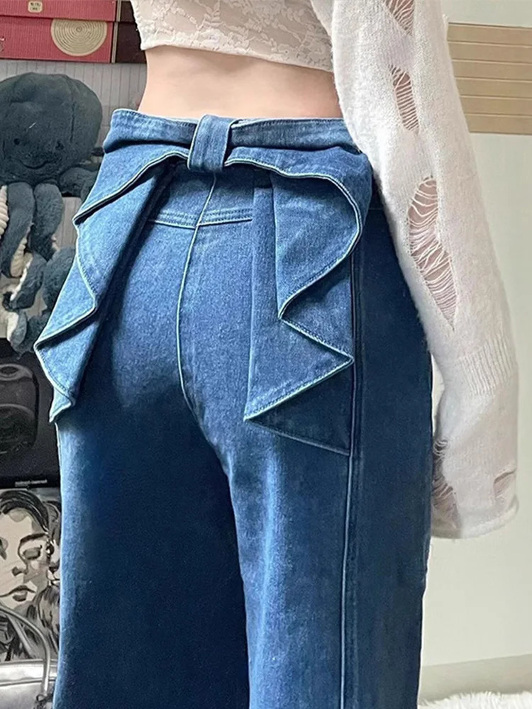 Y2K Womens High Waist Flare Denim Jeans With Big Bow Ruffles 2000s Sweetheart Stylish Female Slim Fit Casual Trousers 250806
