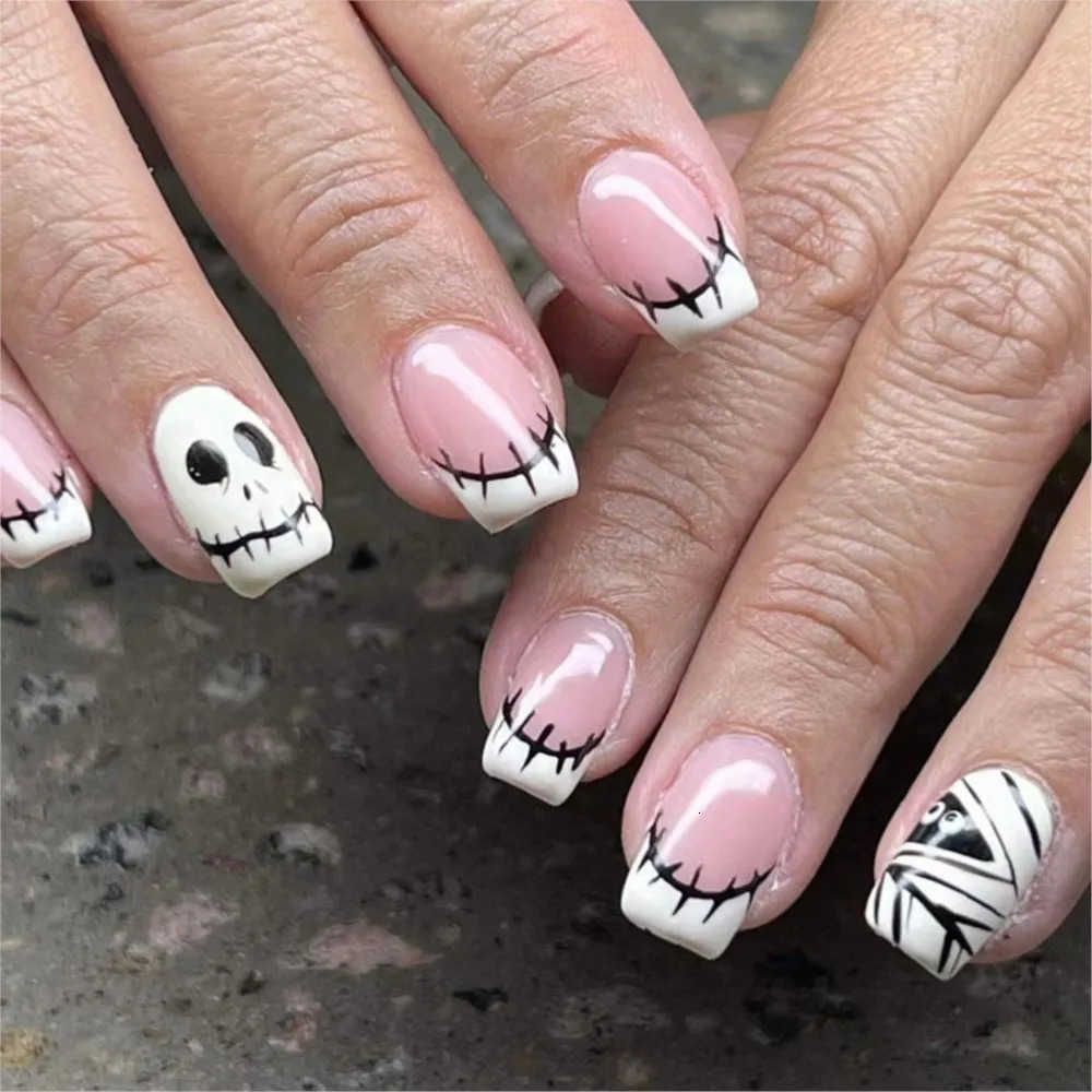 24Pcs Halloween French Design Press on Nails Short Square Ballet False Nails Ghost / Skull Full Cover Wearable Coffin Fake Nails M250807