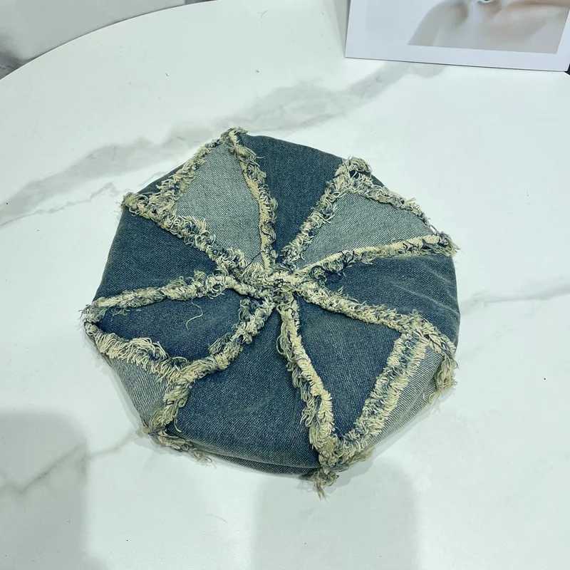 Original Retro Denim Berets Cs for Women 2024 Spring and Summer New Travel Fashion Versatile Big Head Octagonal Hats Men XJ250807