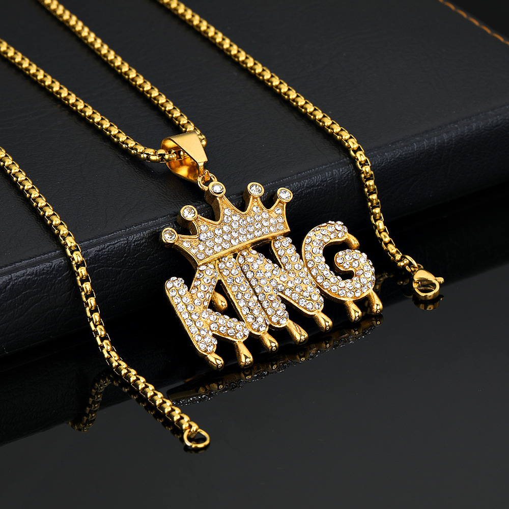 Hip Hop Crown KING Pendant Necklace Stainless Steel Gold Plated Zircons Jewelry