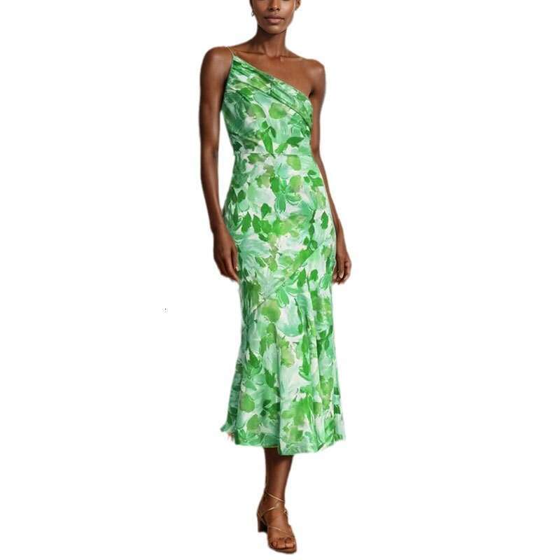 New Women's Sexy Strap Long Printed Asymmetrical Neck Mermaid Dress B5 h7