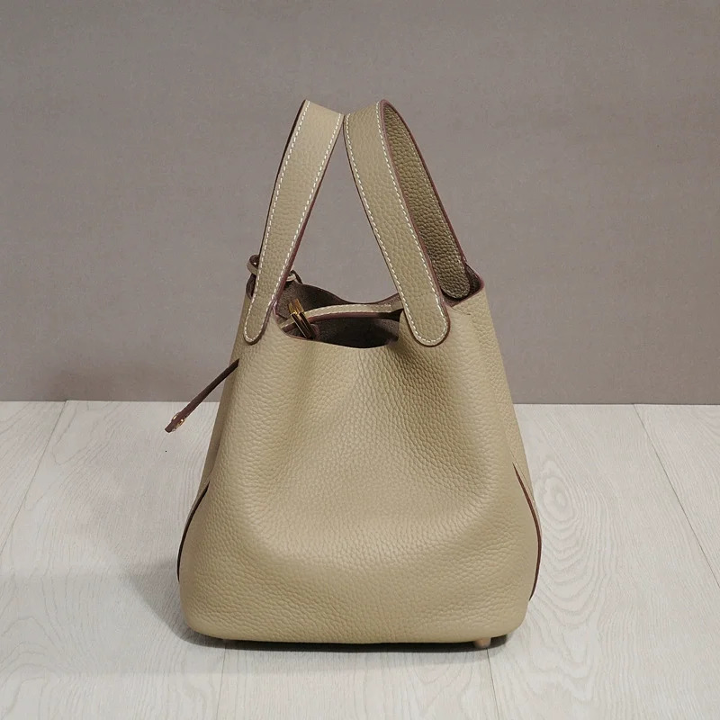Trendy Genuine Cow Leather Lunch Bag 2024 Imported Bucket Bag Food Basket Picnic Handbag Soft Top-handle 250804