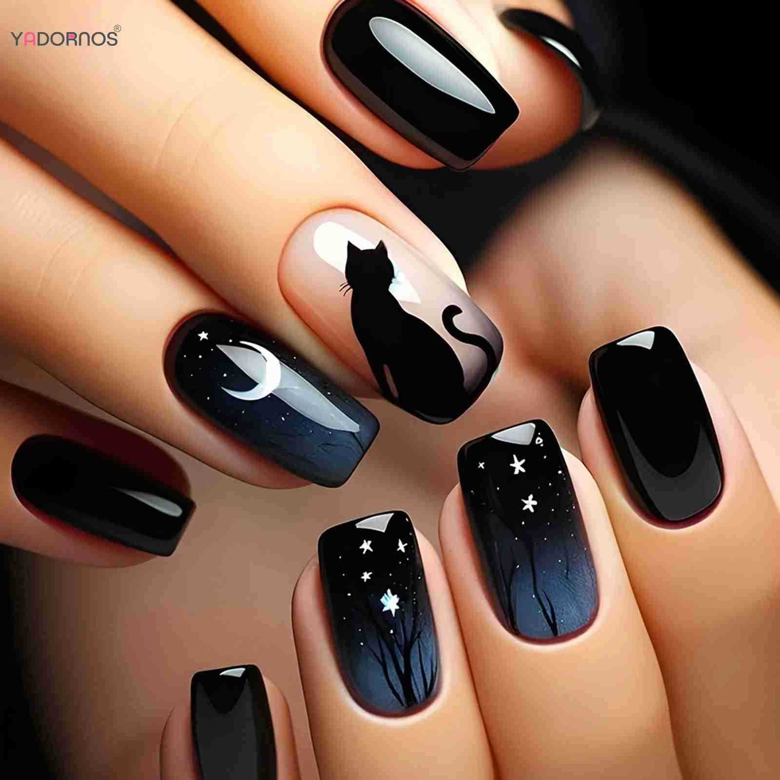 Black Halloween Press On Nails Moon Star Cat Design Short Square Fake Nails Full Cover Acrylic Nail Tips For Women Girls 24pcs M250807