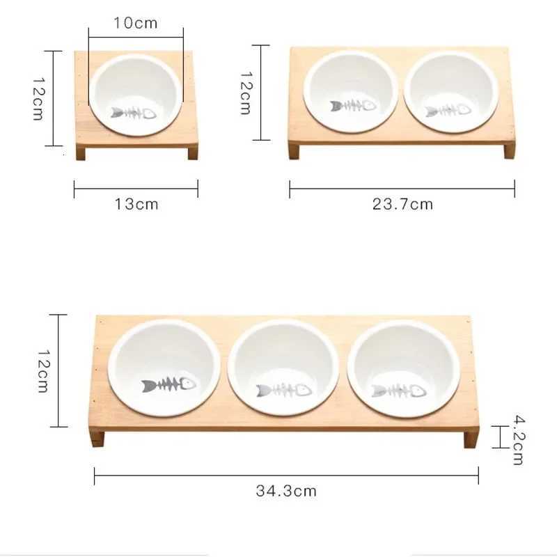 Cute Fishbone Cat Bowl Ceramic Pet Feeding Bowls with Bamboo Stand Single/Double/Three Cat Bowl Dog Feeders Pet Product Y250806