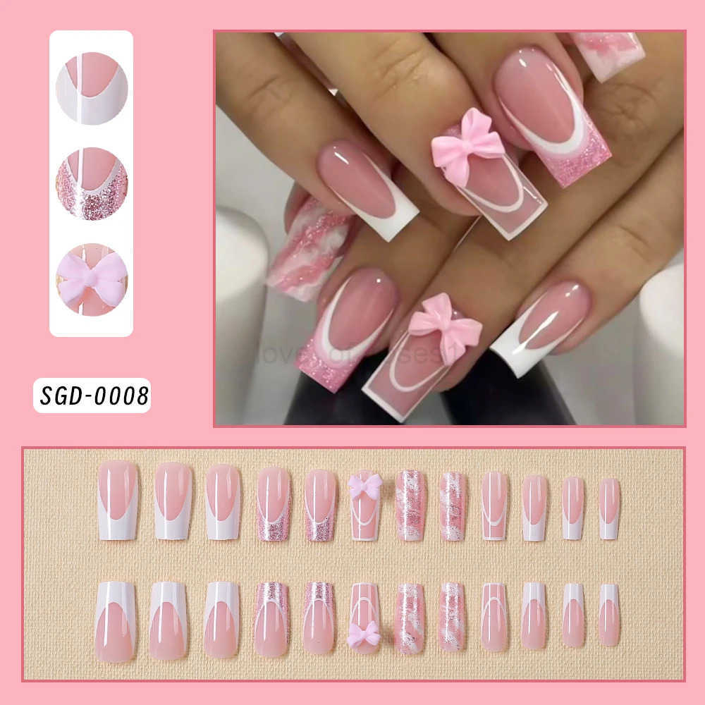 24Pcs Pink Bowknot French Fake Nails Patches 3D Pink Glitter Bow Long Coffin French False Nails Full Cover Acrylic Press-on Nails Z250807