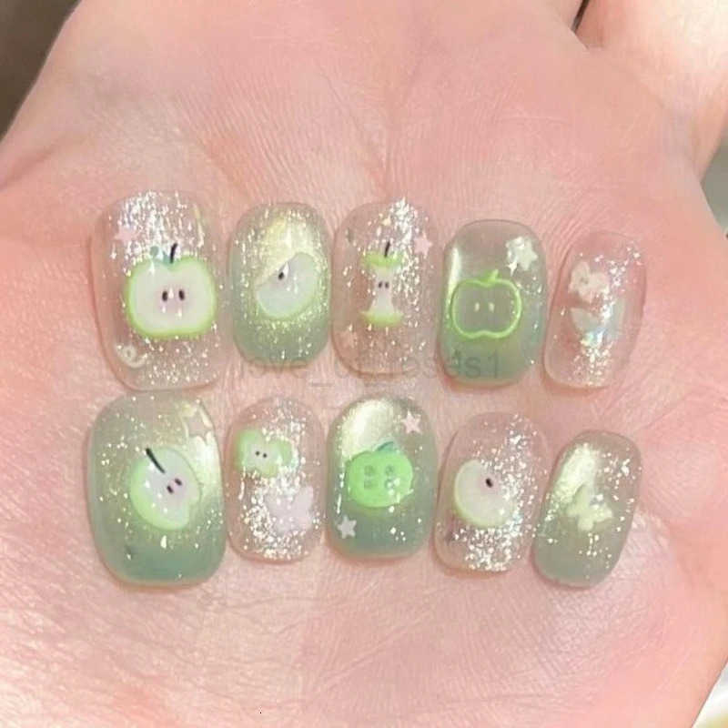 10 Pieces Summer Sweet Handmade Press On Nails Butterfly Green Fine Glitter Cat Eye Fake Nails Removable Reusable Z250807