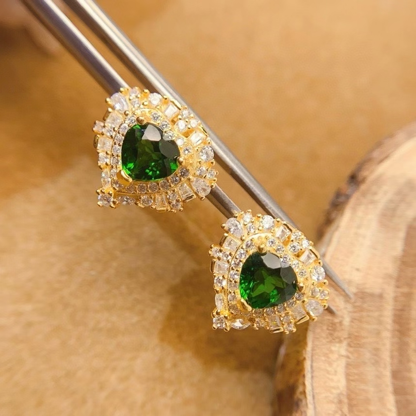 Forest green diopside stud earrings 6mm heart shape natural diopside jewelry allergy free 925 silver earrings for wedding