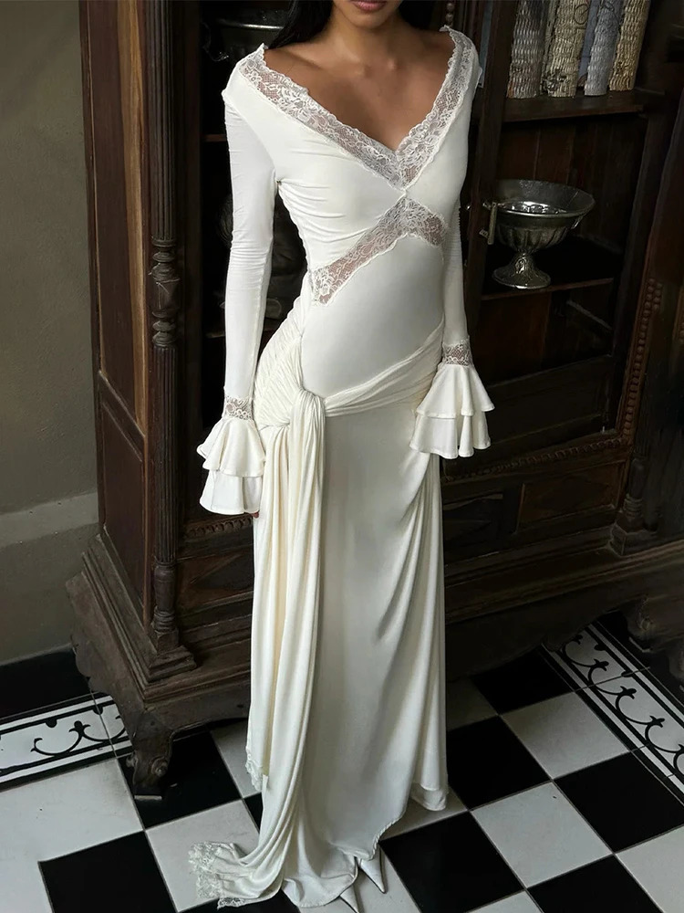 Mozision Autumn Long Sleeve Sexy Maxi Dress For Women Fashion Lace Patchwork V Neck Backless Draped Ruched Club Party Long Dress 250728