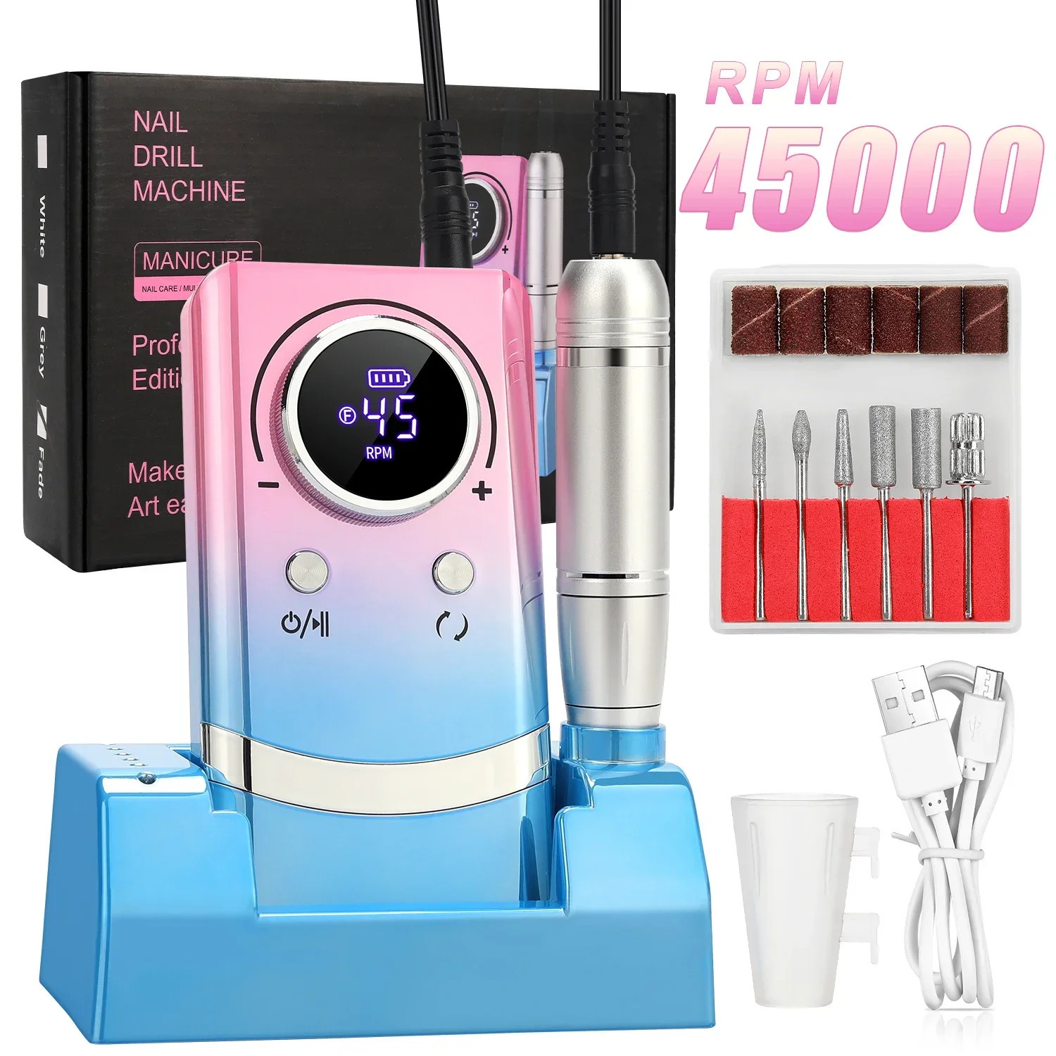 45000RPM Electric Nail Drill Machine Professional Nail Drills for Gel Nails Polish Rechargeable Portable Nail File Manicure Tool 250807