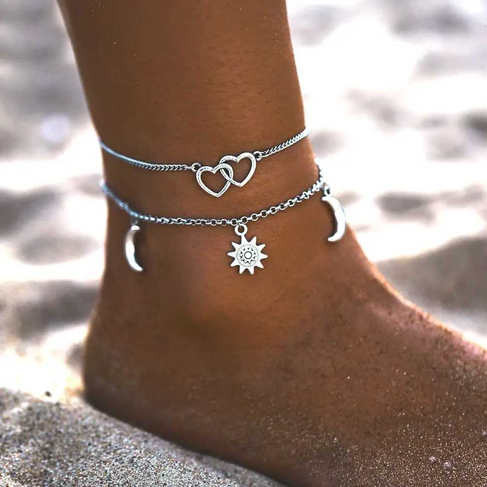 Two Layers Chain Heart Moon Sun Gold Silver Color Anklets For Women s Summer Barefoot Sandals Jewelry On Foot Leg Y250805