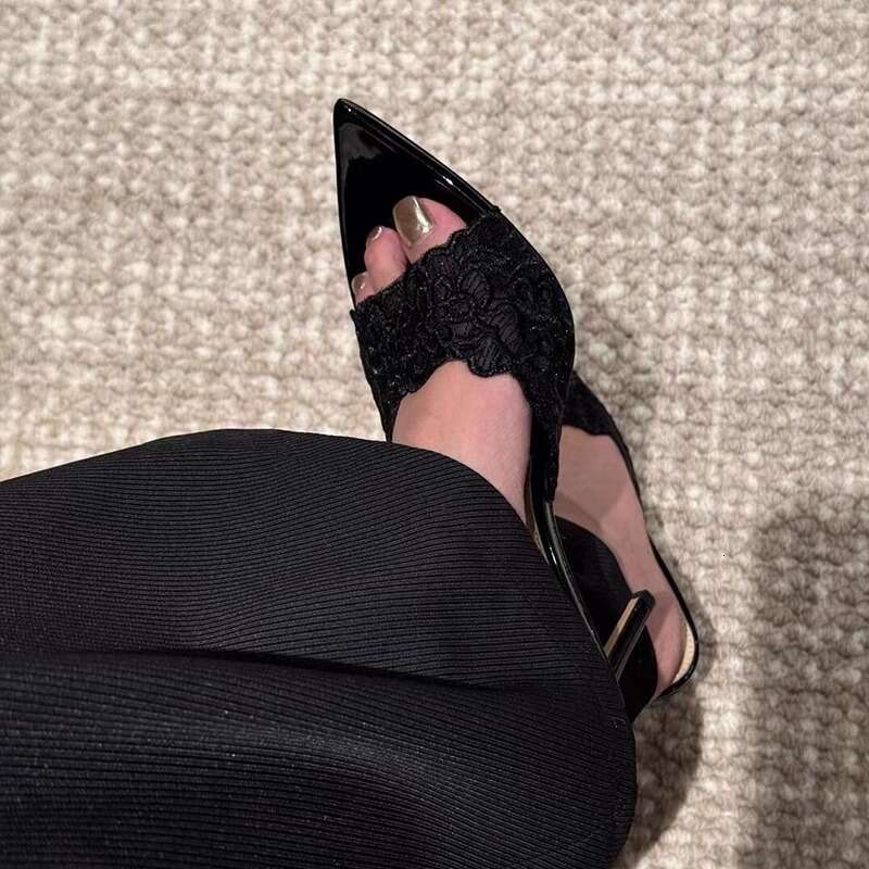 2025 New Open-Toe Pointed Mesh Lace Patent shoes Leather One-Strap Sandals for Designer Women Sexy Outdoor Wear Little Mom Style Thin Heel High Heels