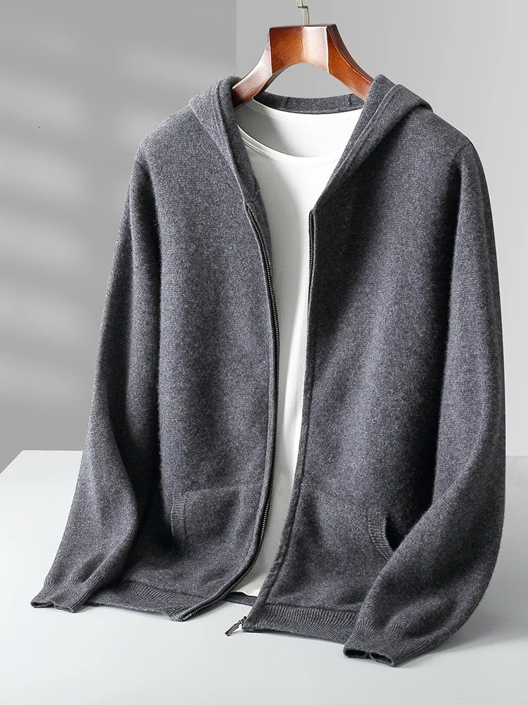 Men Cashmere Sweater Long Sleeve Hooded Pullover Autumn Winter Casual Loose 100% Merino Wool Knitwear Soft Comfy Clothing Tops 250804