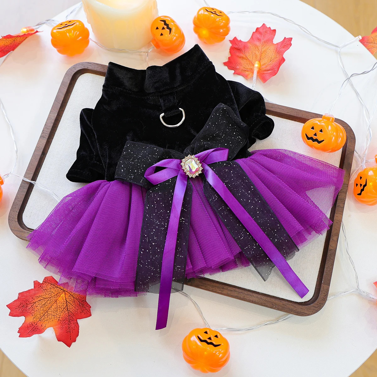 Halloween Pet Clothes Dog Cat Autumn Black Purple Velvet Traction Button Dress 250805