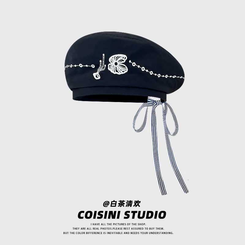 Japanese Retro Bow Streamer Sailor Hat for Women Summer Light and Breathable Versatile Sun Protection Fashion Embroidered Berets XJ250807