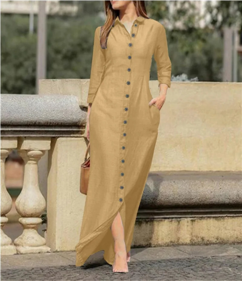Elegant and Fashionable Neutral Style Long Sleeved Cardigan Solid Color Long Cotton and Linen Dress Temperament Party Dress 250806