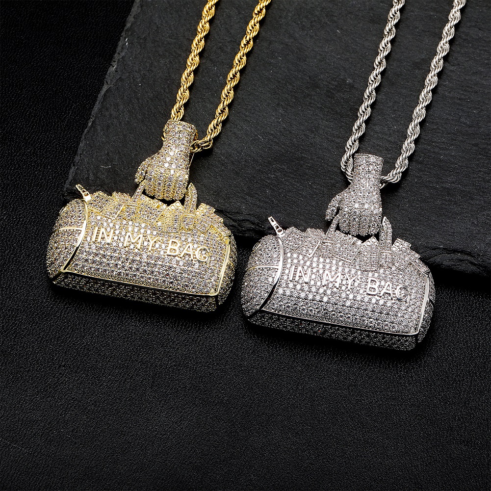 Hip Hop IN MY BAG 3D Handbag Pendant Necklace 5A Zircon Real Gold Plated Jewelry