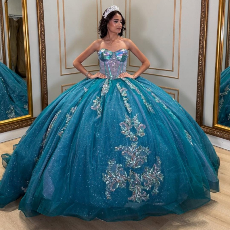 Blue Shiny Quinceanera Dresses Off The Shoulder Applique Lace Beading Crystal Tull Corset Ball Gown Vestidos De 15 Anos Sweet 16 Dress