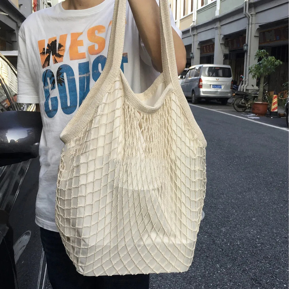 Reusable Grocery Bags Fruit Vegetable Net Bag Washable Cotton Mesh String Organic Organizer Handbag Short Handle Top-Handle Bags 250804