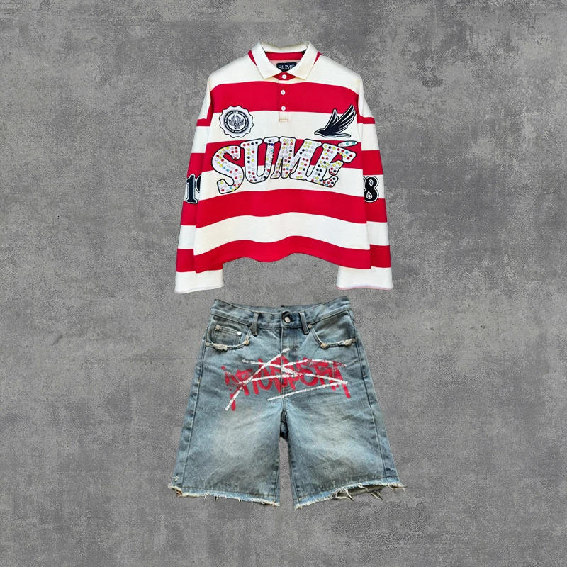 2 Pcs Shirts Co-ords Sume Rugby Diamond Embroidery Stripe Polo Shirt Y2K Retro Classic Unisex Oversized Long Sleeved Shirts Sets 250807