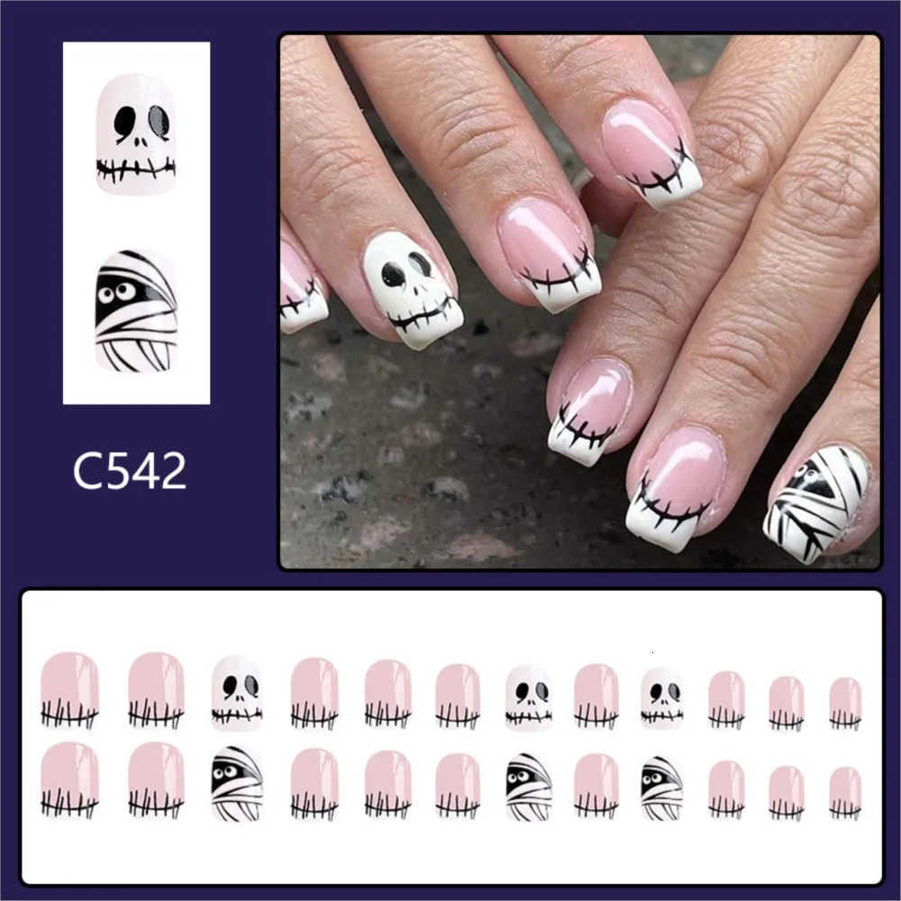 24Pcs Halloween French Design Press on Nails Short Square Ballet False Nails Ghost / Skull Full Cover Wearable Coffin Fake Nails M250807
