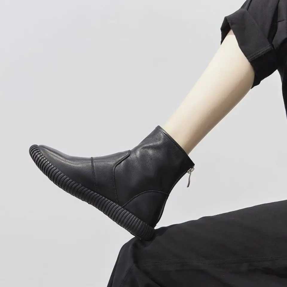 Booties White Platform Female Ankle Boots Work Sneakers Chunky Leather Short Shoes for Women Sports Flat Footwear Spring 2024 PU XJ250807