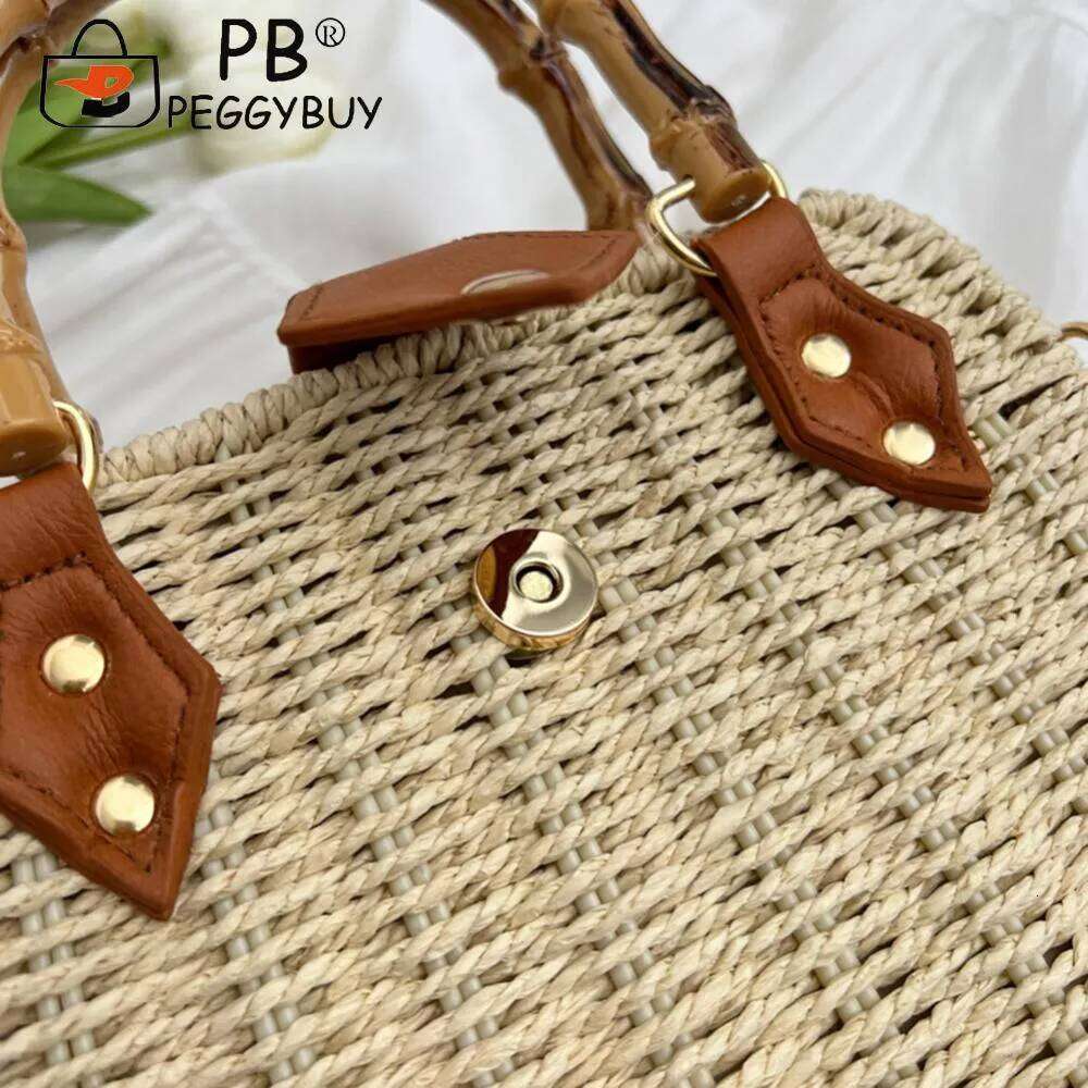 Summer Hand-Woven Handbags Bamboo Handle Beach Vacation Bags Casual Fashion Simple Portable Adjustable Strap For Seaside