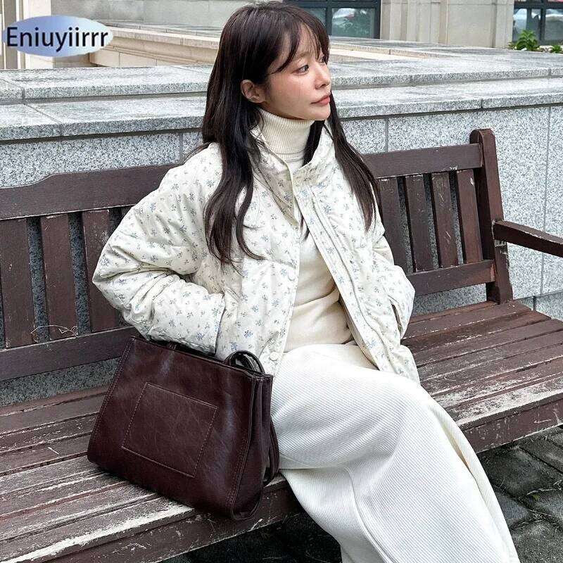 Designer Clothing 2025 Warm Cute Sweet Women Coats Cotton Printed Florals Chic Elegant Loose Thicken New Daily Winter All Match High Street Parkas