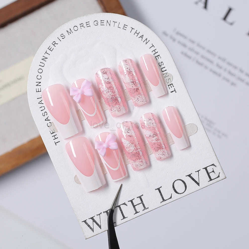 24Pcs Pink Bowknot French Fake Nails Patches 3D Pink Glitter Bow Long Coffin French False Nails Full Cover Acrylic Press-on Nails Z250807