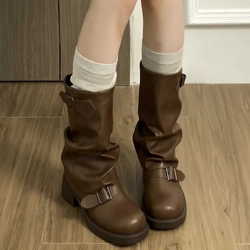 2025 Autumn New Pleated Buckle Knight Boots For Women Mid Calf Boots Slip On Casual Cool Girls Thick Heel Riding Botas Mujer XJ250807