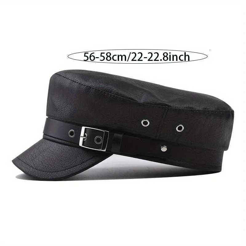 Street Fashion Side Leather Buckle Beret PU Leather Trend Duckbill Octagonal Hat Winter Outdoor Windproof and Warm Flat Top Hat XJ250807