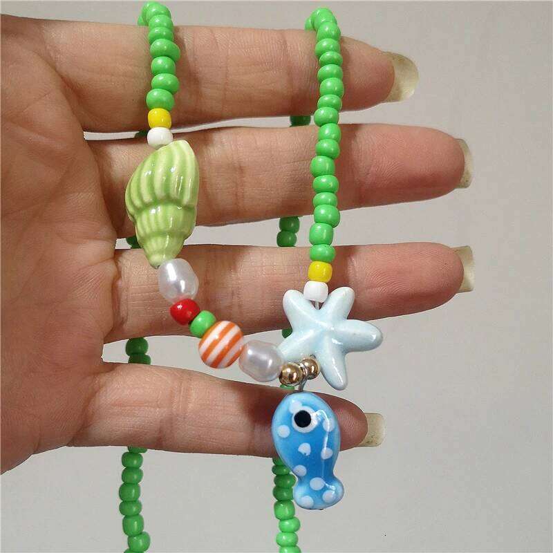 Bohemian Colorful Blue Pink Ceramic Fish Pendant Striped Beaded Summer Necklace For Women Seaside Vacation Party EMO Accessories