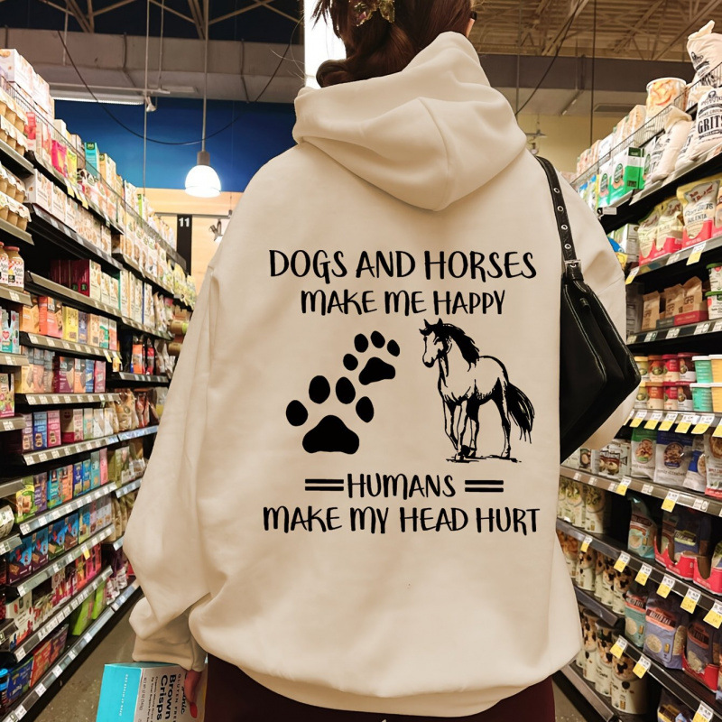 Ladies casual hoodie, dog and horse pattern drawstring hat, long-sleeved scratch hoodie