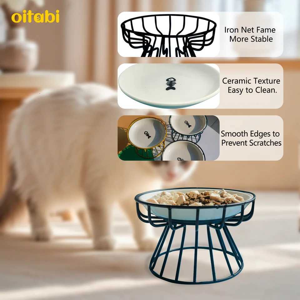 Oitabi Elevated Cat Bowl Raised Ceramic Cat Dish with Metal Stand Pet Water or Food Feeding Station for Cats and Small Dogs Y250806