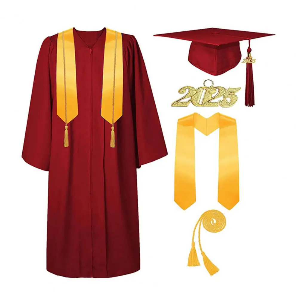 5PcsSet 2025 Bachelor Uniform Suit Stole Zipper Clre Graduation Robe With Hat Tassel Rope Of Honors Party Clothes 250729