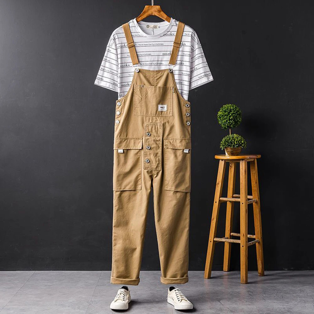 American High Street Solid Color Work Overalls 2024 Fashion Ahmei Khaki Retro Loose Trend Casual Jumpsuit For Men 250804