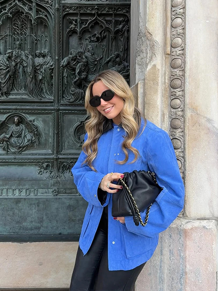 Suede Blue Contrst Color Womens Jacket Single Breasted Lapel Full Sleeves Pocket Coats Spring Lady High Street Outwear Top 250805