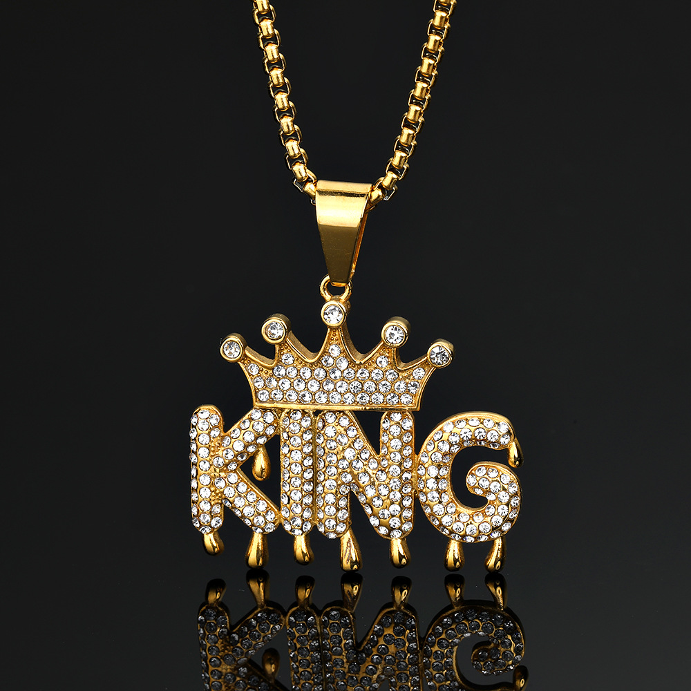 Hip Hop Crown KING Pendant Necklace Stainless Steel Gold Plated Zircons Jewelry