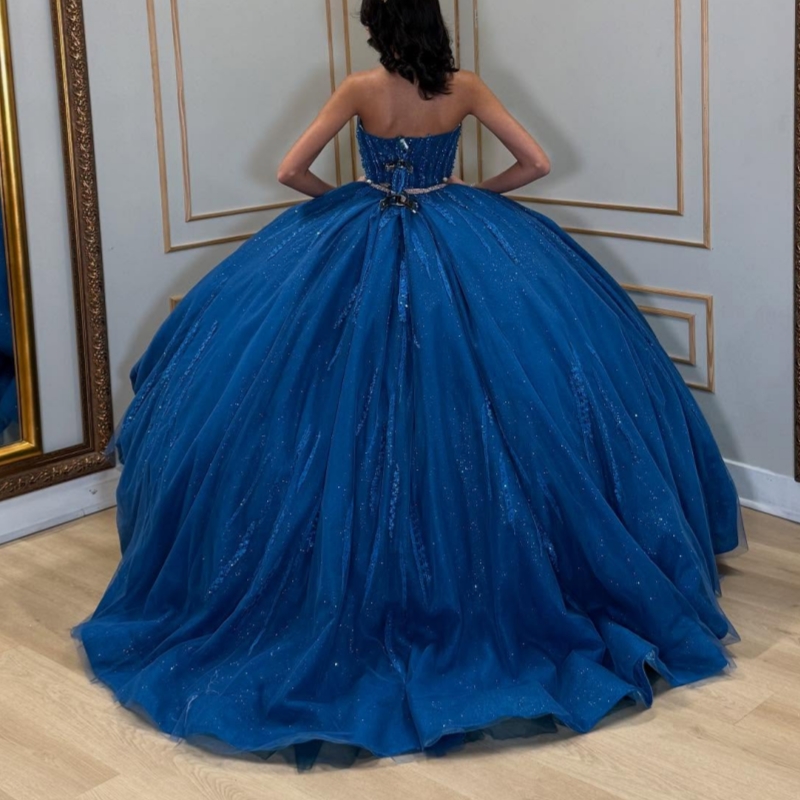 Royal Blue Shiny Quinceanera Dresses Off The Shoulder Sequin Beading Crystal Tull Ball Gown Vestidos De 15 Anos Sweet 16 Dress