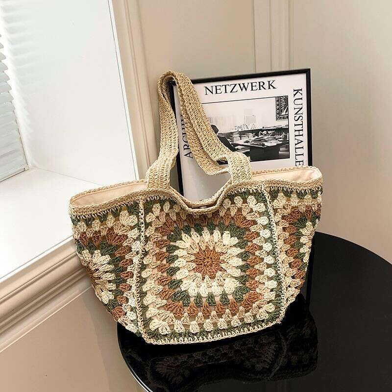 Handmade Crocheted Straw Woven Tote Large Capacity Shoulder Bag Cute Temperament Girl