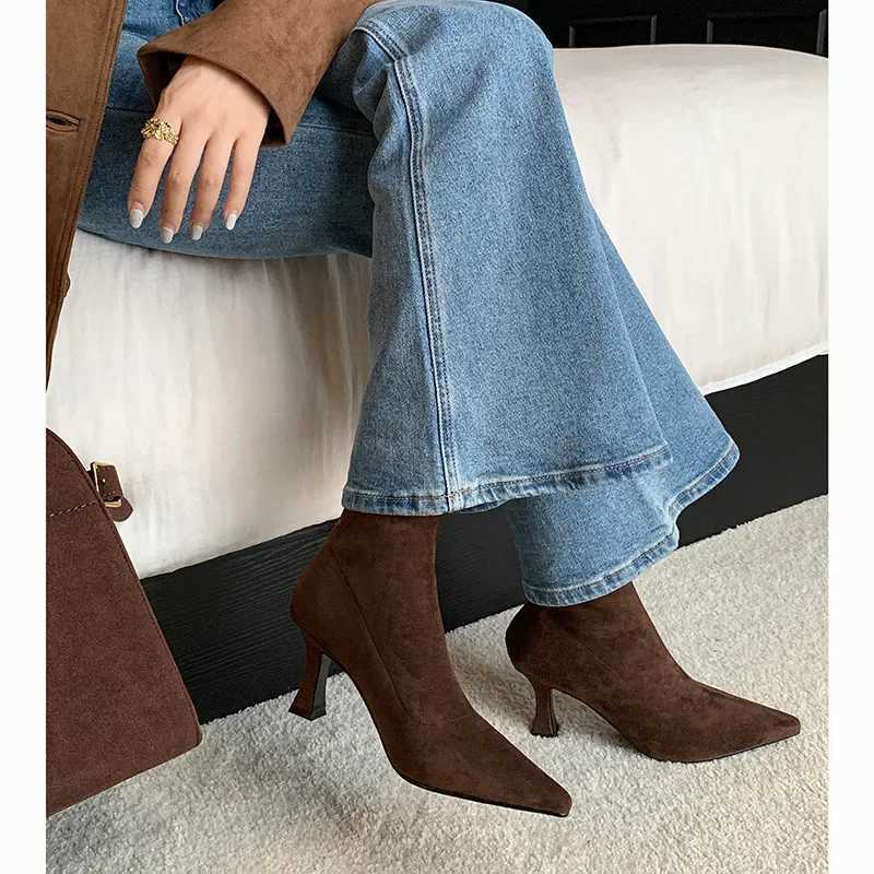 Spring and Autumn Female Commuter High Heels Bare Boots Comfortable Suede Boots Pointed Stiletto Heels Elastic Socks Boots XJ250807