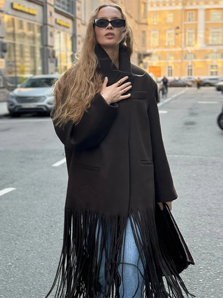 Fashion Woolen Tassels Long Coats For Women Turn-down Collar Single Breasted Pockets Jacket Female Elegant Solid Lady Overcoats 250805