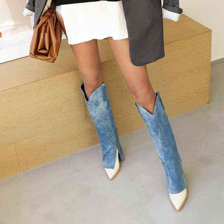 Fashionable Large Size Cowgirl-Inspired Ladies' Ankle Boots: Classic Blue Jeans & Spiked Stiletto Heels