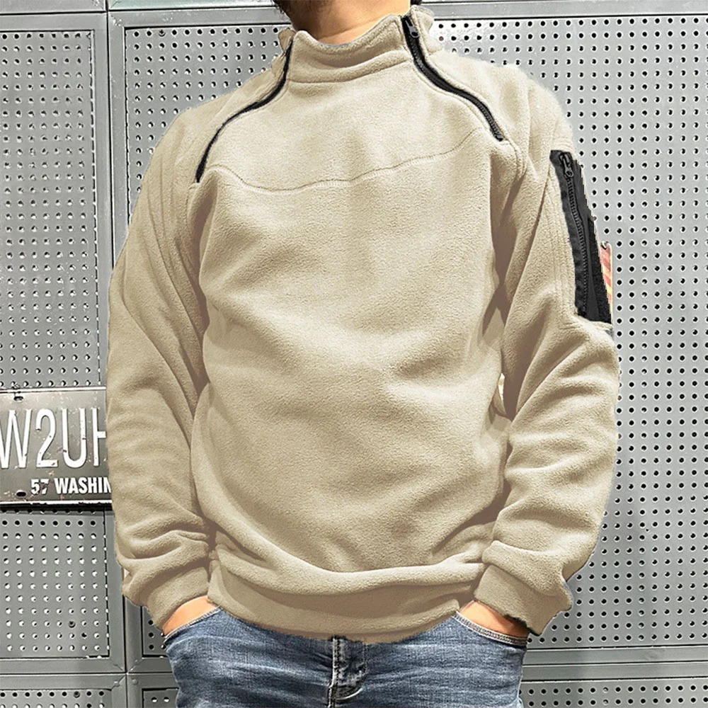 Mens Polar Fleece Outdoor Warm Breathable Tactical Zipper Standing Neck Long Sleeves Casual Solid Color Sweatshirt 250807