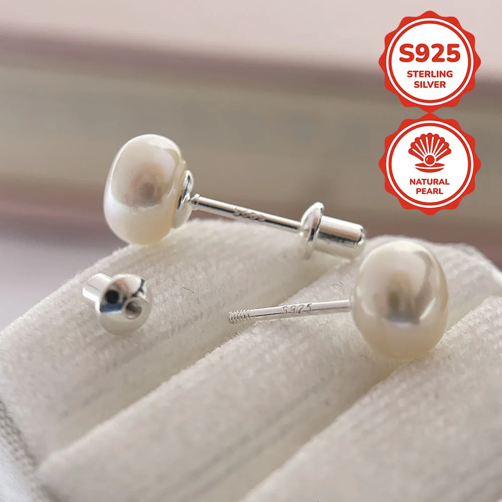 7-8mm 925 Sterling Silver Bread-type Natrual Freshwater Pearl Screw Back Stud Earrings For Women Girls Piercing Jewelry Gift 250805