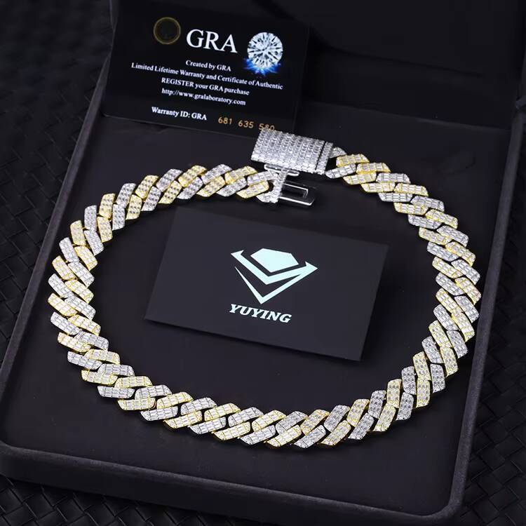 Fashion 2 Tone Yellow and White Sterling Silver 925 VVS Moissanite GRA Certificate Cuban Link Chain for Men