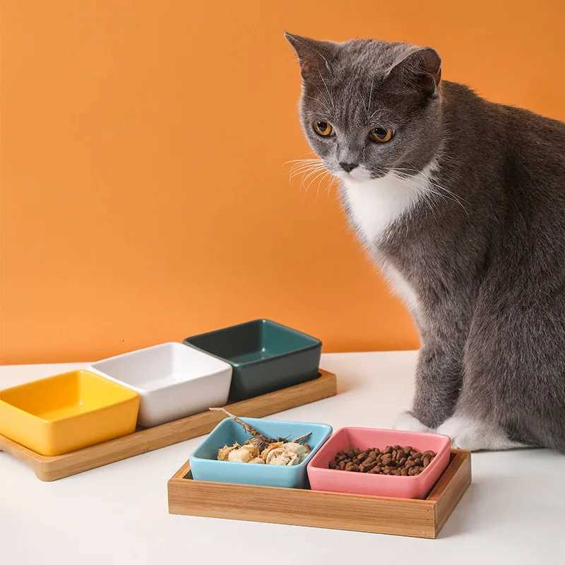New Ceramic Cat Dog Bowl Puppy Kitten Anti Tipping Feeder with Wooden Tray Square Pet Food Dish Multiple Colors Dog Accessories Y250806