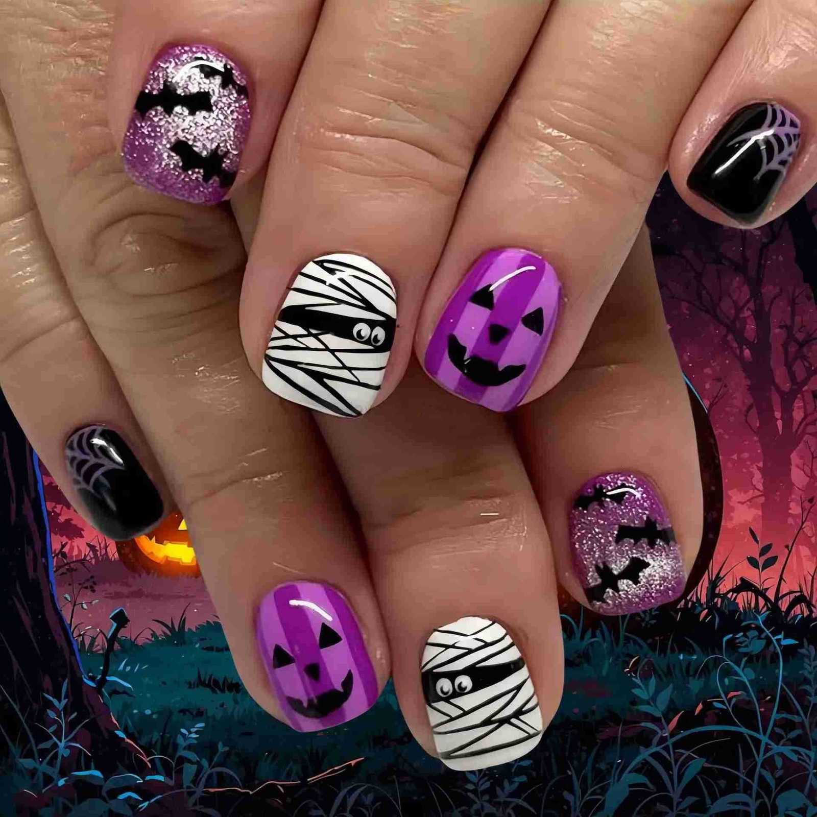 24PCS Halloween False Nails with Glue Pumpkin Ghost Pattern Dark Short Square Press-on Nails Full Cover Wearable Fake Nail Tools Z250807